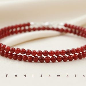 Natural Red Agate Tiny 3mm Round Beaded Choker, Bracelet, Genuine Deep Red Gemstone Bead, Stretchy Necklace, Waterproof Daily Gift for Women image 3