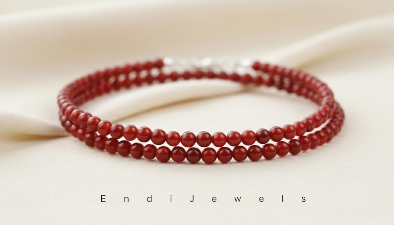 Natural Red Agate Tiny 3mm Round Beaded Choker, Bracelet, Genuine Deep Red Gemstone Bead, Stretchy Necklace, Waterproof Daily Gift for Women image 3