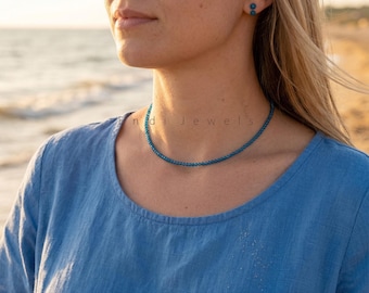 Gargantilla/pulsera de ágata azul natural con cuentas facetadas de 3 mm, piedras preciosas auténticas, gargantilla de verano, collar delicado e impermeable para uso diario, regalo para ella.
