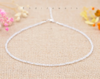 Natural Moonstone Tiny 2mm Faceted Beaded Choker, Bracelet, Genuine White Gemstones, Summer Choker, Daily Dainty Necklace, Gift for Her