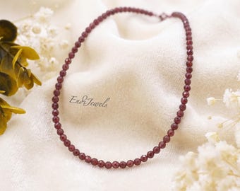 Natural Garnet Tiny 3mm Faceted Beaded Choker, Stretchy Bracelet, Genuine Gemstone, Daily Waterproof Layered Necklace, Gift for Her
