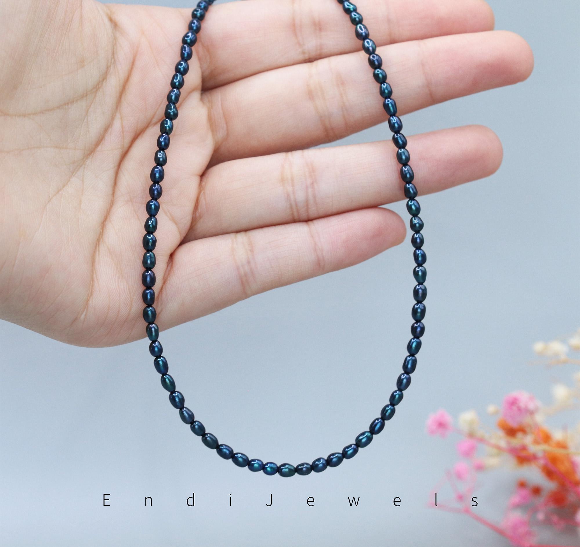 36 Inch Real Natural Black Rice Pearl Necklace - AAA Grade, Silver Plated Ball Chain - View #2
