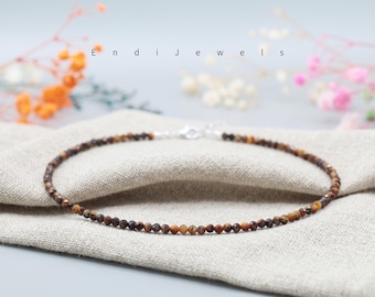 Natürliche Tigerauge winzige 3 mm facettierte Perlen-Halskette, dehnbares Armband, tägliche wasserdichte geschichtete Perlen-Halskette, brauner gelber Edelstein