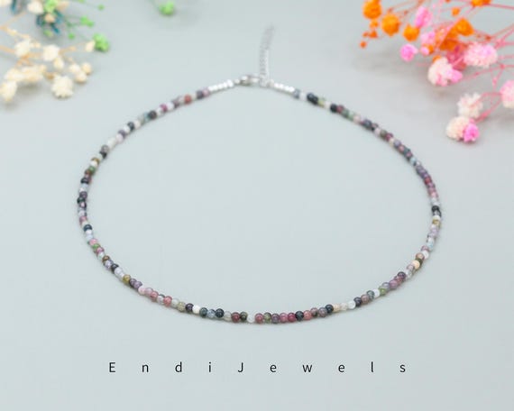 Natural Tourmaline Tiny 3mm Beaded Choker, Bracelet, Genuine Colorful Gemstone Beads, Tourmaline AB WaterProof Beaded Necklace, Gift for Her