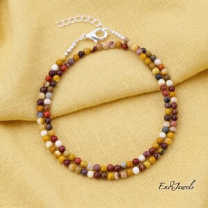 Natural Mookaite 3mm Tiny Round Beaded Choker, Stretchy Bracelet, Genuine Yellow Gemstone Beaded Necklace, Daily Waterproof Layered Necklace image 7