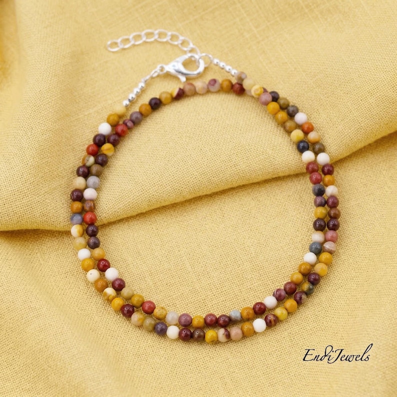 Natural Mookaite 3mm Tiny Round Beaded Choker, Stretchy Bracelet, Genuine Yellow Gemstone Beaded Necklace, Daily Waterproof Layered Necklace image 7