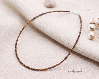 Natural Tiger's Eye Tiny 2mm Faceted Beaded Choker, Stretchy Bracelet, Yellow Brown Gemstone, Daily Layered Waterproof Handmade Necklace
