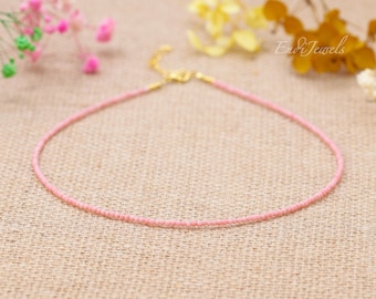 Tiny Pink Coral 2mm Round Beaded Choker, Bracelet, Natural Gemstone Beaded Necklace, Summer Choker, Daily Dainty Necklace, Gift for Her