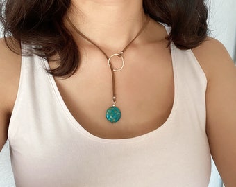 Turquoise Pendant Leather Necklace, Summer Necklace, Beach Necklace for Women, Handmade Necklace, Boho Leather Necklace, Gift for Her