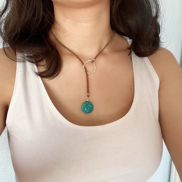 Turquoise Pendant Leather Necklace, Summer Necklace, Beach Necklace for Women, Handmade Necklace, Boho Leather Necklace, Gift for Her