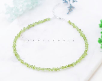 Natural Peridot 3-5mm Small Green Chips Beaded Choker, Bracelet, Genuine Gemstone, Summer Choker, Dainty Daily Necklace, Mother's Day Gift