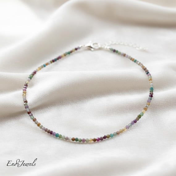 Ruby Sapphire Tiny 2mm Faceted Beaded Choker, Beaded Bracelet, Genuine Multicolor Gemstones, Waterproof Daily Layered Necklace, Type AB