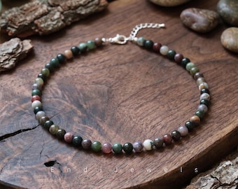 Natural Indian Jasper 8mm Beaded Necklace, Stretchy Bracelet, Earth Tone Gemstone Jewelry, Daily Layered Waterproof Handmade Necklace