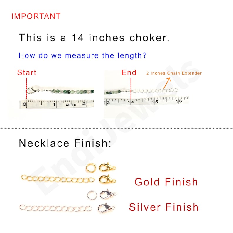 May include: A 14-inch choker necklace with a chain extender. The necklace is made of green beads and silver chain. The image shows the necklace laid out on a ruler to show the length. The image also shows two different finishes for the necklace: gold and silver.