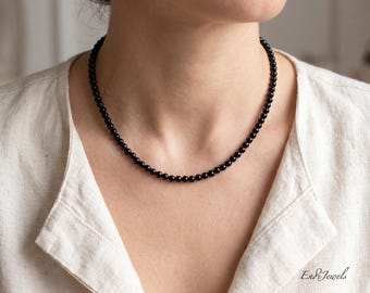 Natural Black Onyx 4mm Round Beaded Choker, Stretchy Bracelet, Genuine Gemstone Necklace, Daily Layered Waterproof Necklace Gift for Her/Him