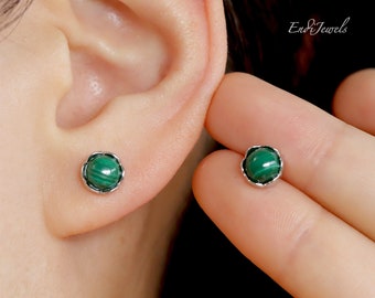 Natural Malachite 6mm Sterling Silver Earrings, High-Quality AAA Green Malachite Gemstone Studs, Dainty Daily Earrings, Mother's Day Gift