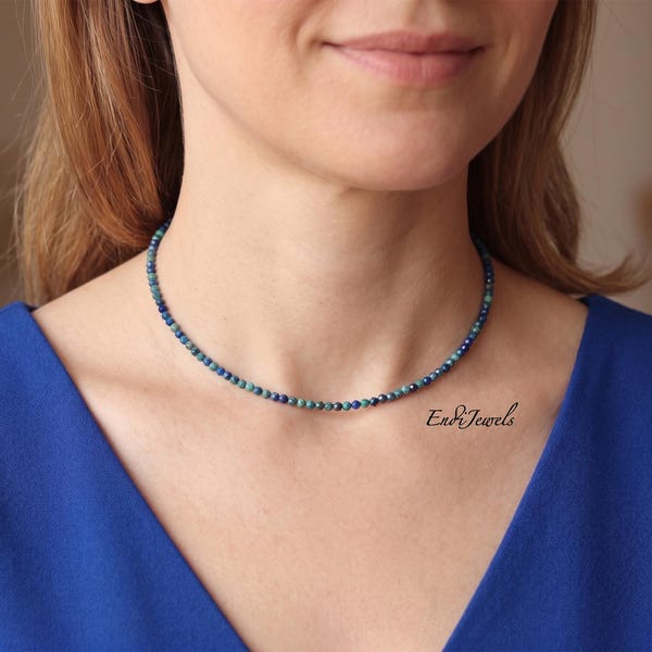 Natural Azurite 3mm Tiny Faceted Beaded Choker, Stretchy Bracelet, Blue Gemstone, Summer Choker, Daily Dainty Waterproof Layered Necklace