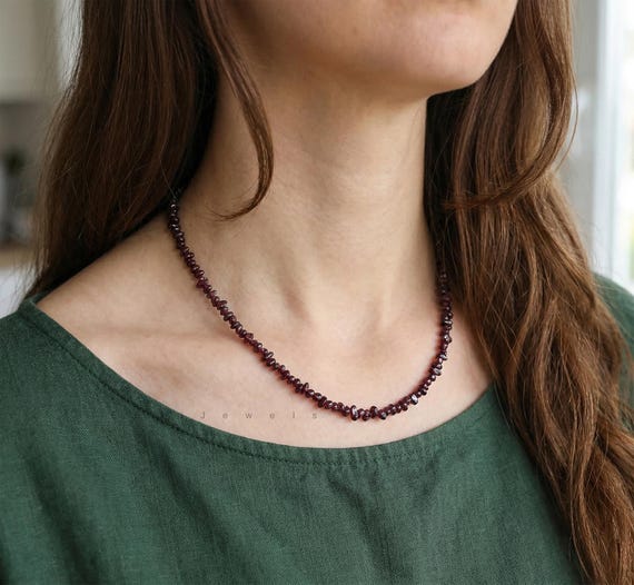 Natural Garnet 3mm to 5mm Chips Beaded Necklace, Stretchy Bracelet, Genuine Purple Gemstones Daily Waterproof Layered Necklace, Gift for Her