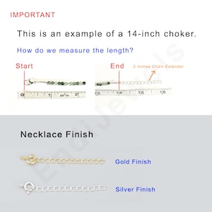 May include: A close-up of a 14-inch choker necklace with a chain extender. The necklace is made of small, round beads and is measured on a ruler. The image also shows a gold and silver chain necklace.