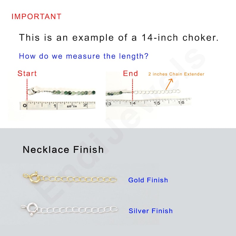 May include: A close-up of a 14-inch choker necklace with a chain extender. The necklace is made of small, round beads and is measured on a ruler. The image also shows a gold and silver chain necklace.
