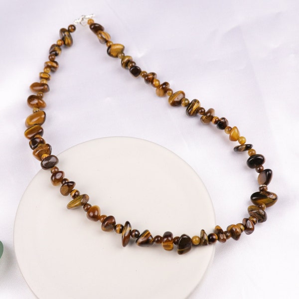 Tiger's Eye Chips Beaded Necklace, Natural Brown Gemstones Necklace, Handmade Necklace, Summer Necklace, Natural Stone, Mother's Day Gift