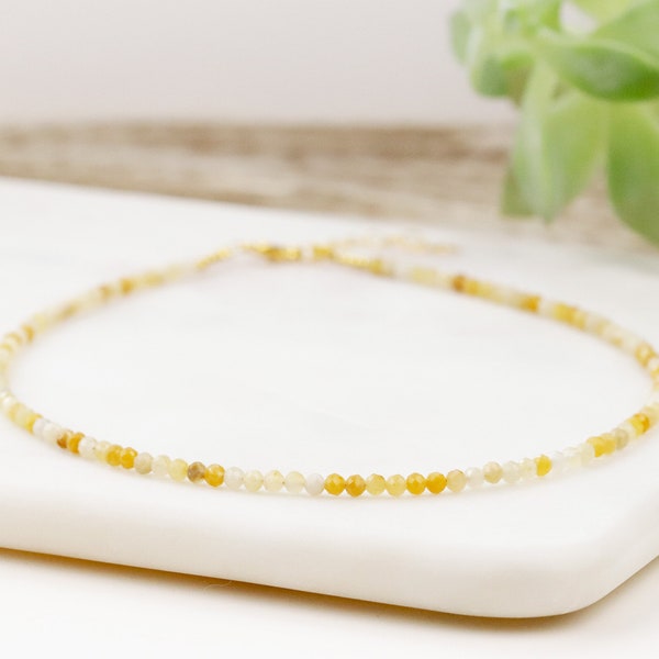 Natural Yellow Jade 3mm Faceted Beaded Choker, Bracelet, Genuine Gemstones, Beaded Necklace, Gold Beads, Handmade Necklace, Gift for Her