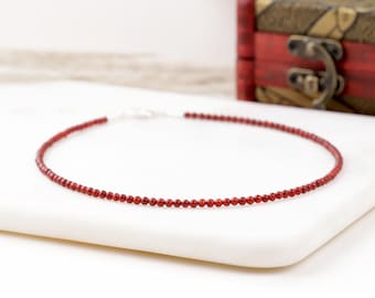 Natural Red Agate Tiny 3mm Round Beaded Choker, Bracelet, Genuine Deep Red Gemstone Bead, Stretchy Necklace, Waterproof Daily Gift for Women