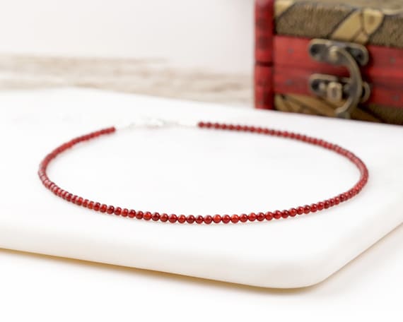 Natural Red Agate Tiny 3mm Round Beaded Choker, Bracelet, Genuine Deep Red Gemstone Beads Handmade Necklace, Waterproof Daily Gift for Women