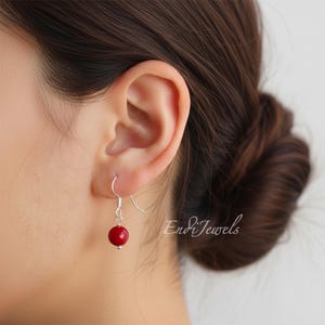 Natural Red Coral 7mm Round Small Bead Dangle Drop Earrings, Daily Waterproof Earrings, Genuine Gemstone, Handmade Earring, Gift for Her