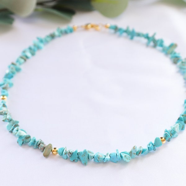 Small Raw Turquoise Chips Choker, Blue Green Irregular Turquoise Gold Necklaces, Natural Turquoise, Mother's Day Gift, Birthday Gift