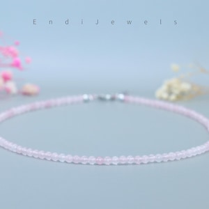 Natural Rose Quartz 4mm Beaded Necklace, Genuine Pink Quartz Crystal Gemstones, Waterproof Daily Dainty Summer Choker, Gift for Her