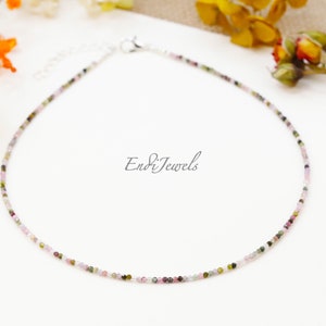 May include: A delicate necklace with tiny gemstones in pink, green, and brown. The necklace has a silver chain and clasp. The text "Endi Jewels" is printed on the surface.