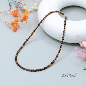 Natural Tiger&#39;s Eye Tiny 3mm Faceted Beaded Choker, Bracelet, Gemstone Handmade Beaded Necklace, Yellow Tiger&#39;s Eye Choker, Gift for Women