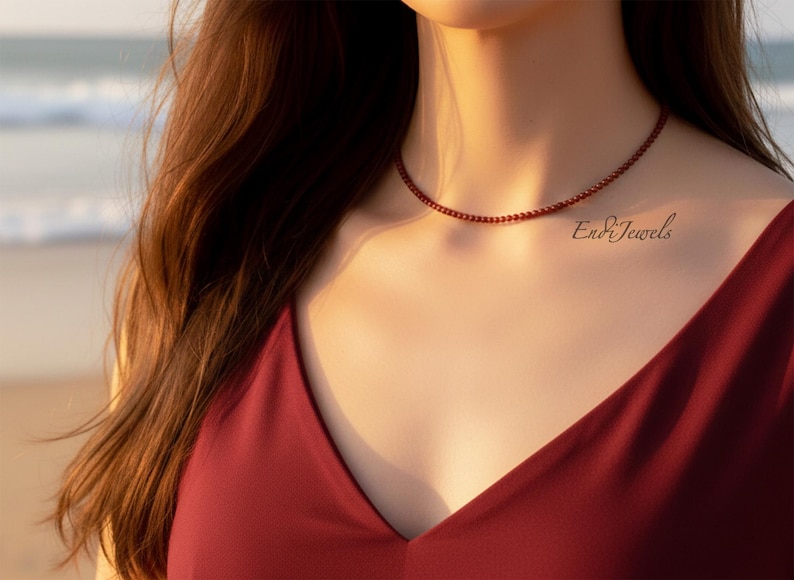 Natural Red Agate Tiny 3mm Round Beaded Choker, Bracelet, Genuine Deep Red Gemstone Bead, Stretchy Necklace, Waterproof Daily Gift for Women image 2