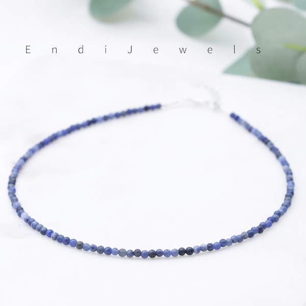 Natural Sodalite 3mm Round Beaded Choker, Bracelet, Blue Genuine Gemstone Handmade Necklace for Women, Summer Choker, Gift for Her