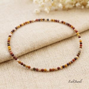 Natural Mookaite 3mm Tiny Round Beaded Choker, Stretchy Bracelet, Genuine Yellow Gemstone Beaded Necklace, Daily Waterproof Layered Necklace image 8