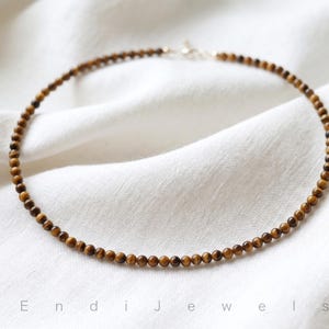Natural Tiger's Eye Tiny 3mm Round Beaded Choker, Stretchy Bracelets, Summer Choker, Daily Waterproof Layered Gemstone Necklace Gift for Her