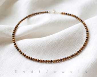Gargantilla redonda de cuentas pequeñas de ojo de tigre natural de 3 mm, pulseras elásticas, gargantilla de verano, collar de piedras preciosas impermeable de varias capas para uso diario, regalo para ella.