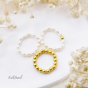 Freshwater Rice Pearls Stretch Rings, Natural Freshwater Pearl Ring, Tiny 3mm Pearl Gold Beaded Ring, Stackable Rings, Handmade Gift for Her
