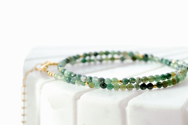 Tiny Green Agate Round Beaded Choker, Bracelet, Natural Gemstone Beaded Necklace, Small 3mm Moss Agate, Handmade Gift for Women image 5