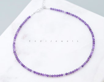 Tiny 3mm Amethyst Round Beaded Choker, Bracelet, Natural Purple Quartz, Handmade Necklace, Violet Crystal Beads, Gift for Her