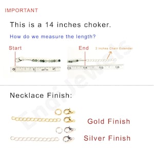 Puede incluir: Imagen que muestra un collar gargantilla de 35,56 cm con un extensor de cadena. Se muestran opciones de acabado de collar en oro y plata. El texto incluye "IMPORTANTE" y "&iquest;C&oacute;mo medimos la longitud?"