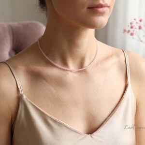 Natural Rose Quartz 3mm Beaded Choker, Stretchy Bracelet, Pink Crystal Beaded Necklace, Natural Gemstone, Daily Waterproof Layered Necklace image 4