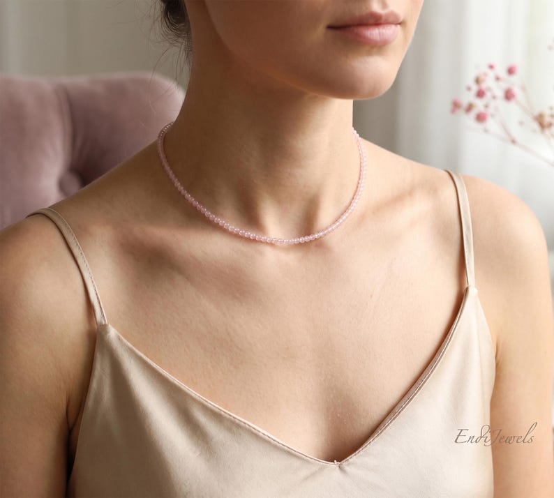 Natural Rose Quartz 3mm Beaded Choker, Stretchy Bracelet, Pink Crystal Beaded Necklace, Natural Gemstone, Daily Waterproof Layered Necklace image 4