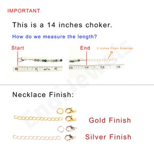 May include: Image showing a 14-inch choker necklace with a 2-inch chain extender. The image also displays gold and silver necklace finish options. Text on the image reads "IMPORTANT" and "Necklace Finish:"