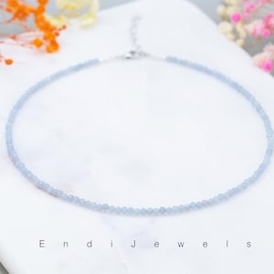 Natural Angelite stone Tiny 3mm Faceted Beaded Choker, Bracelet, Natural Blue Gemstones, Waterproof Daily Necklace, Gift for Her