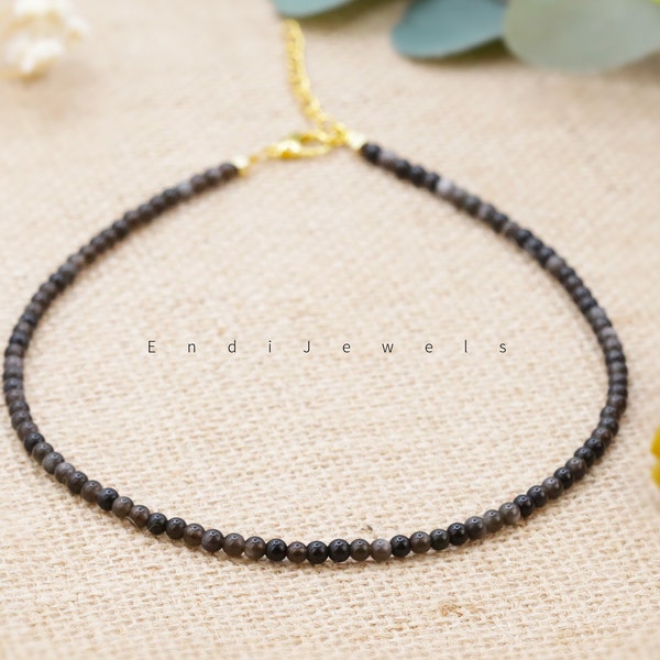 Natural Silver Obsidian 4mm Round Beaded Necklace, Bracelet, Genuine Black Gemstone Beads, Beaded Necklace, Summer Choker, Mother's Day Gift