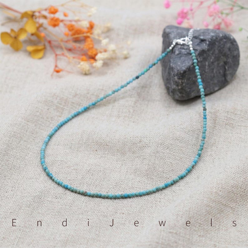 Natural Turquoise Tiny 2mm Faceted Beaded Necklace, Stretchy Beaded Bracelet, Top Quality 5A Blue Hubei Turquoise, Waterproof Daily Layered image 8