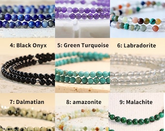 Natural 3mm Gemstone Round Beaded Stretchy Choker, Stretchy Beaded Bracelet, Tiny Beaded Necklace, Genuine Gemstone Beads, Handmade Necklace