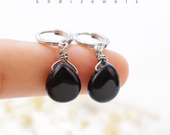 Natural Black Onyx Teardrop-Shaped Drop Dangle Earrings, Handmade Earrings, Genuine Black Gemstone, Gift for Her, Dainty Daily Earrings